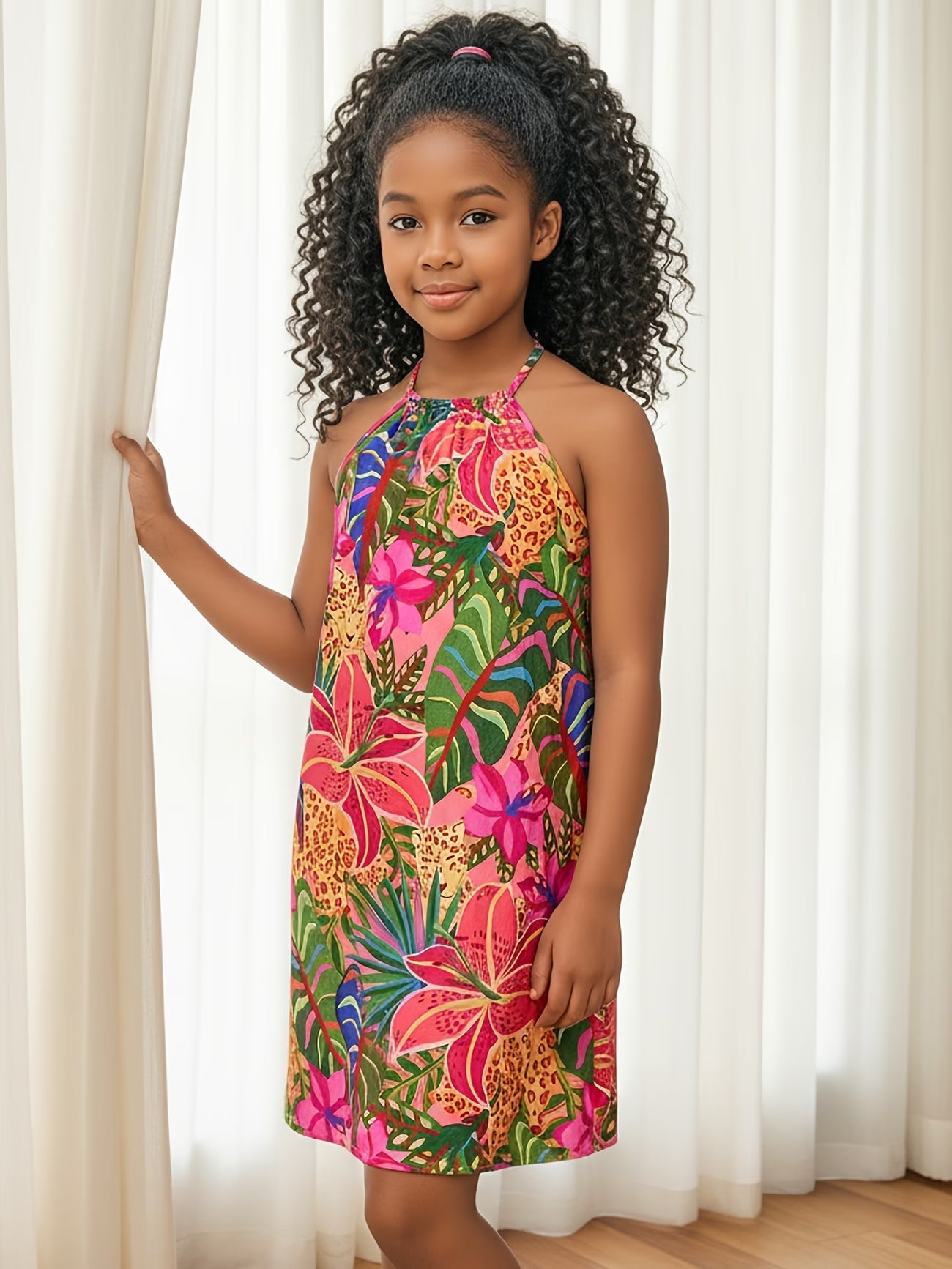Robe d'été décontractée et tendance pour adolescentes, vacances, mode, mousseline de soie à fleurs fines, col licou du 9 au 14 ans MAEJORKEN
