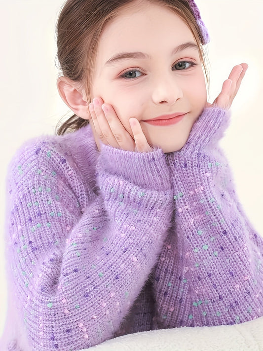 Kids' Cute Crew Neck Knit Sweater - Acrylic Blend (43.5% Acrylic, 34.5% Polyester, 22% Polyamide) - Fall/Winter Long Sleeve Pullover with Regular Fit and Medium Stretch - Solid Color with Floral Accents, Thick MAEJORKEN