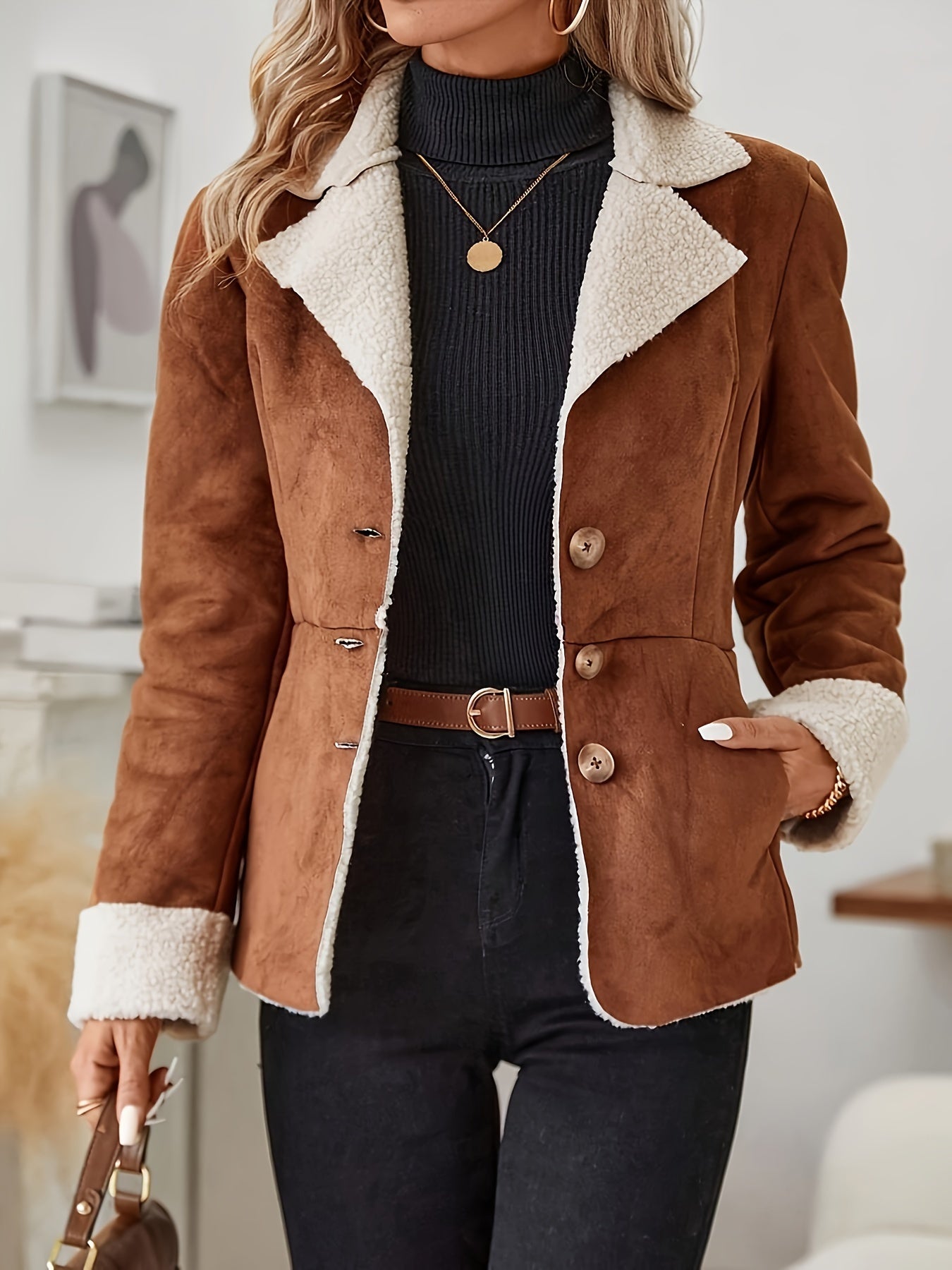 Women'S Casual Polyester Jacket, All-Season Solid Color Lapel Collar with Button Detail, Woven 100% Polyester Coat MAEJORKEN