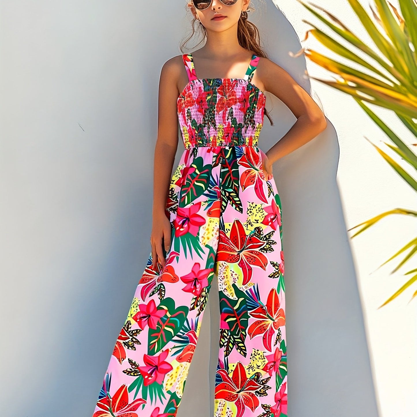 Combinaison élégante à imprimé floral avec taille froncée et design jambes larges du 7 au 16 ans