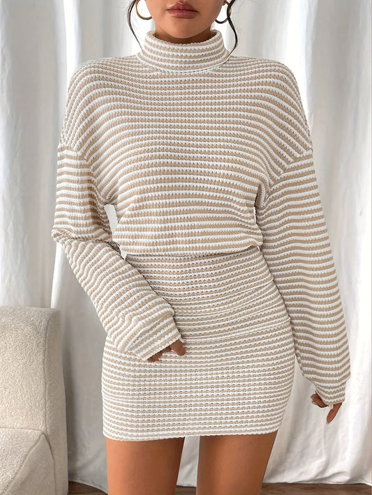 Women's Winter White & Horizontal Striped Tunic Dress - High Neck Long Sleeve A-Line (Curvy-Friendly) with Waist-Cinching, Machine Washable Elegant Office to Party Dress, Structured Coat-Like Fit for Fall/Winter Outfits MAEJORKEN