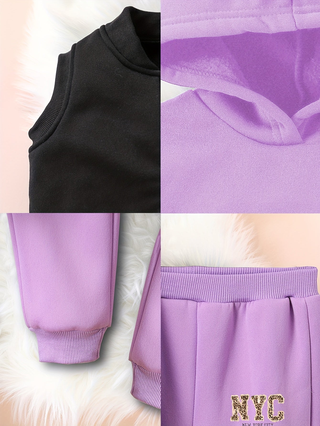 3pcs Girls' NYC Glitter Lettering & Golden Trim Winter Warmth Full-Zip Hooded Sweater & Wide-Leg Pants Set with Faux Fur Hood - Thickened Outerwear for Fall/Winter, Machine Washable - Pink & Black Lettering, White Lettering & MAEJORKEN