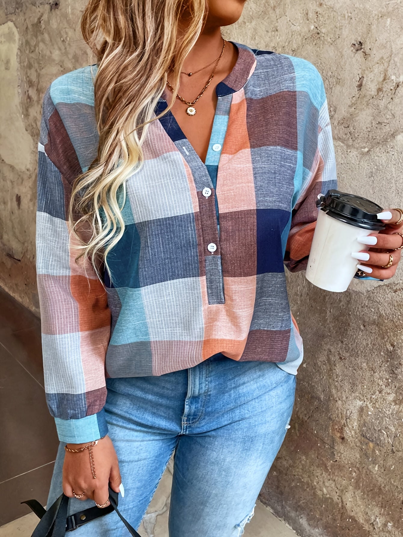 Women's Elegant Plaid Shirt - Multicolor Checkered Blouse (Pink/Blue/Beige/Turquoise) | Short Sleeve Button-Up Collar, Wrinkle-Resistant Casual & Office Wear | Spring/Fall Layering Top | Machine Washable Non-Stretch Shirt MAEJORKEN