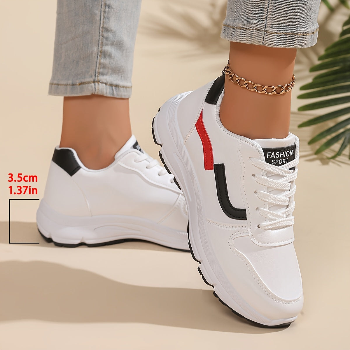 Women'S White & Red Accent Sneakers - Lace-Up Low-Top Shoes with Cushioned Rubber Sole, Synthetic Cover Upper - All-Season Gym, Everyday & Formal Shoes for Women - Non-Slip Grip & Easy-Clean Design, Ladies Sneakers, Gym Footw MAEJORKEN