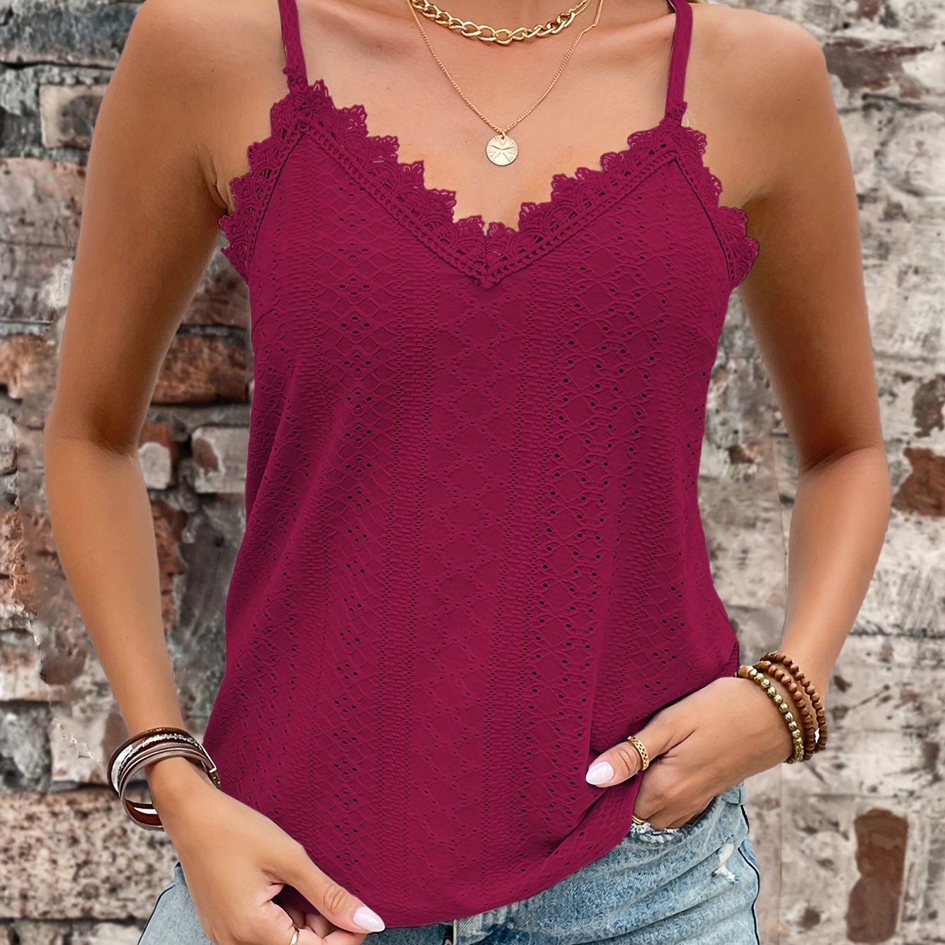 Haut en dentelle contrastée à œillets du S au 2XL