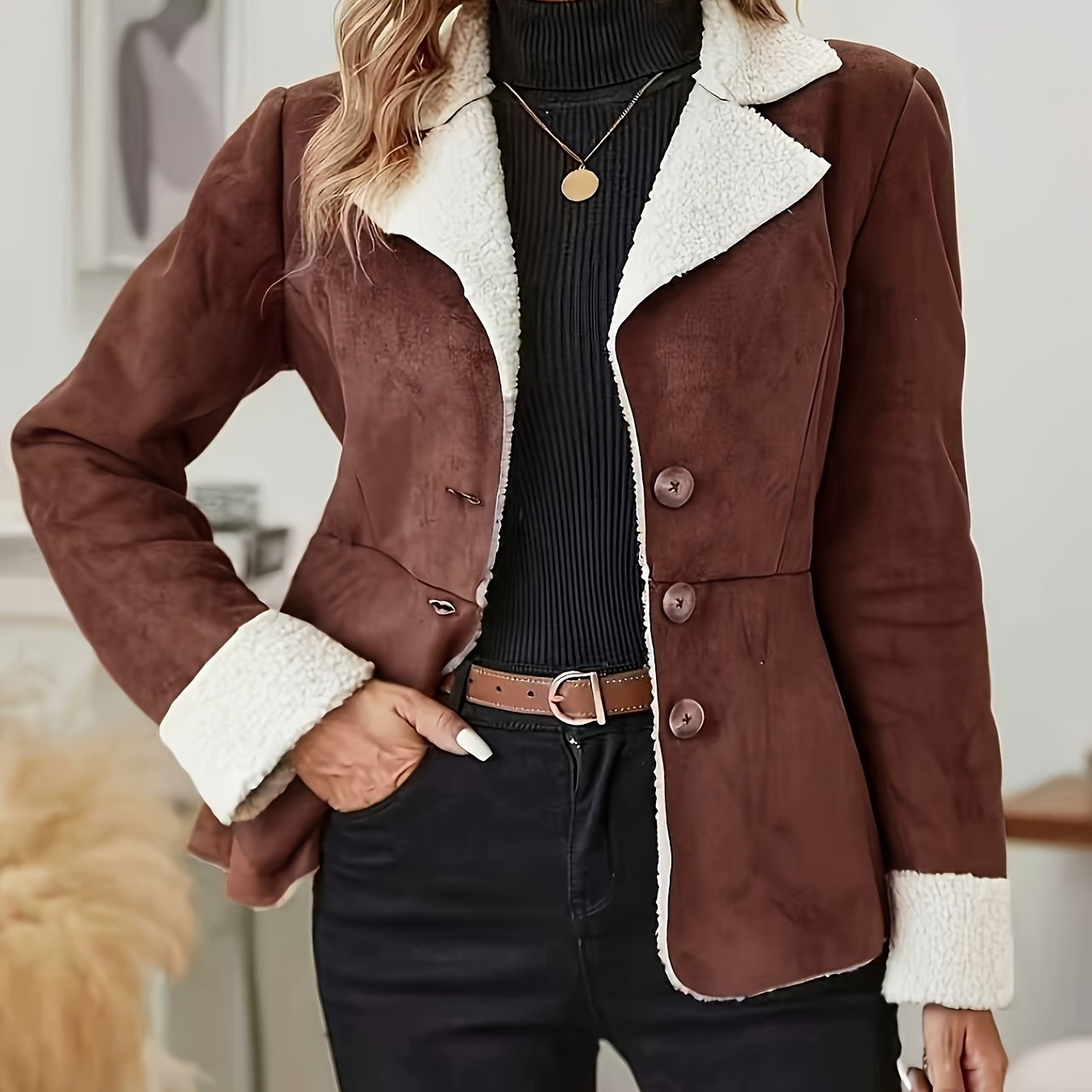 Women'S Casual Polyester Jacket, All-Season Solid Color Lapel Collar with Button Detail, Woven 100% Polyester Coat MAEJORKEN