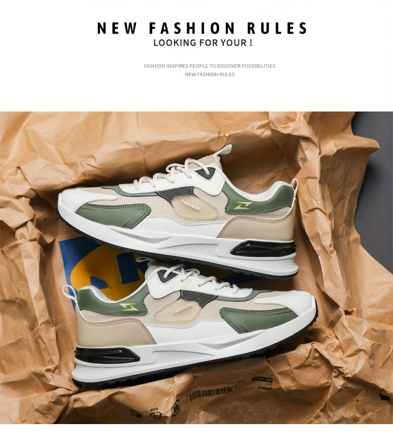 Men's Trendy Chunky Sneakers - Breathable Mesh Dad Shoes with Cushioned Insole, All-Season Wear, Green & Beige Color Scheme, Casual Sneakers for Walking, Running & Everyday Use MAEJORKEN