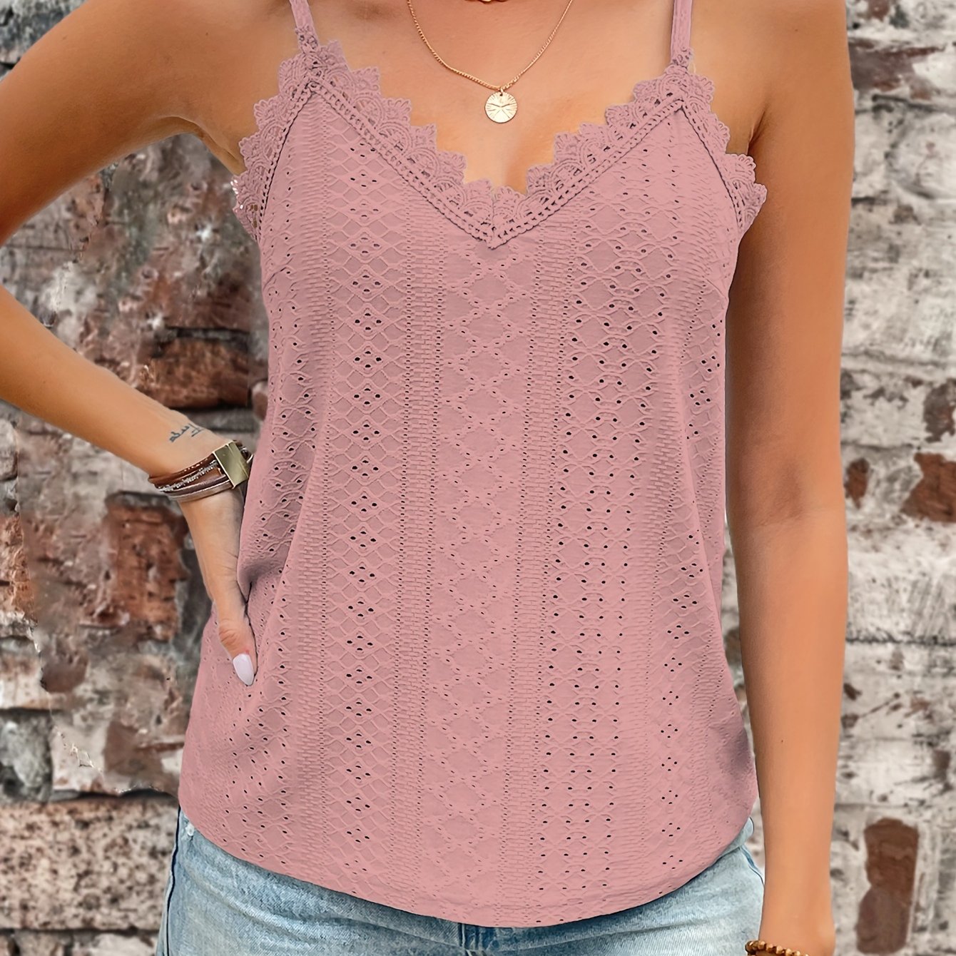 Haut en dentelle contrastée à œillets du S au 2XL