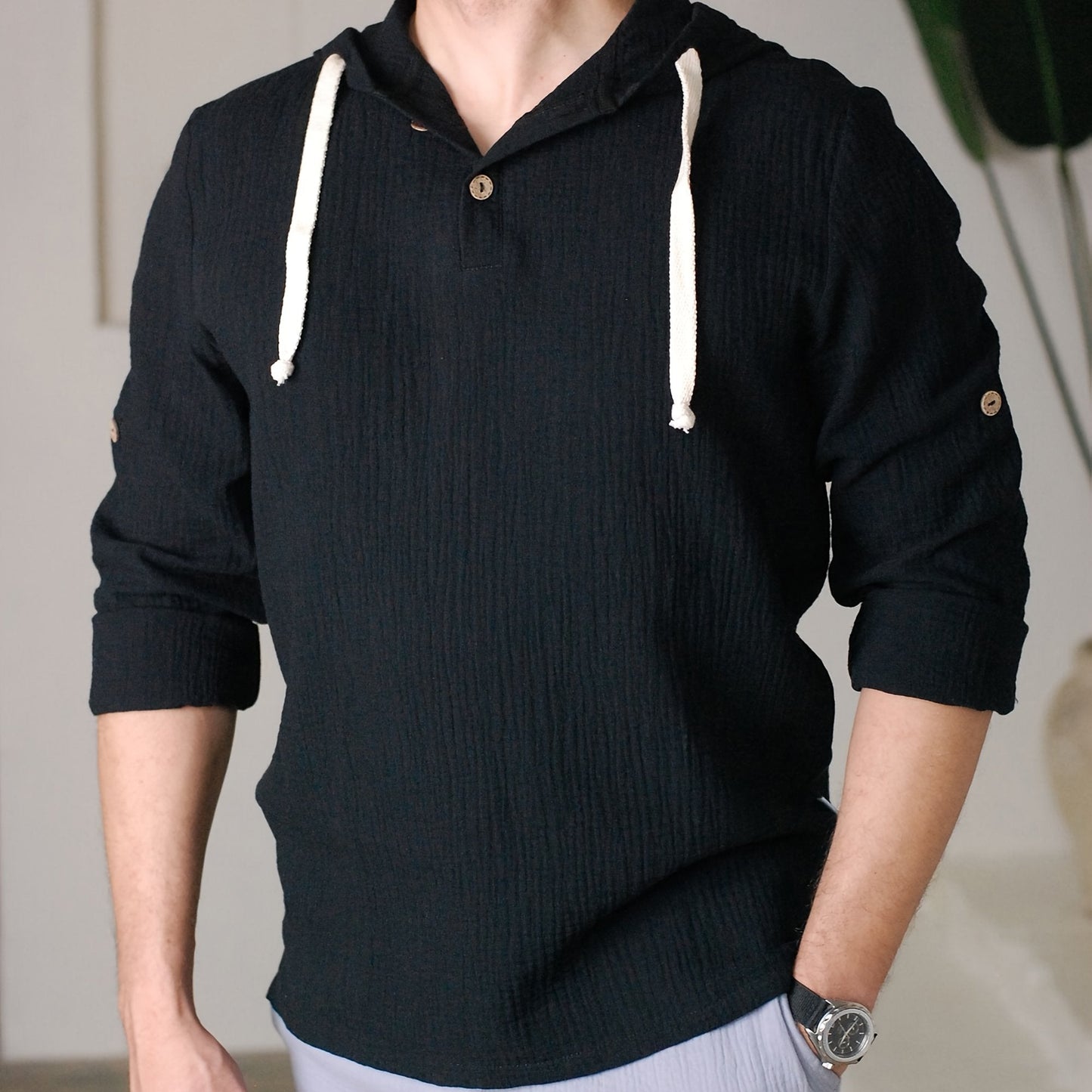 Men'S Casual Hooded Sweatshirt - Loose Fit Long Sleeve Pullover with Button Front, Solid Color, Spring/Fall Essential for Casual Attire, Casual Wear Hoodie MAEJORKEN