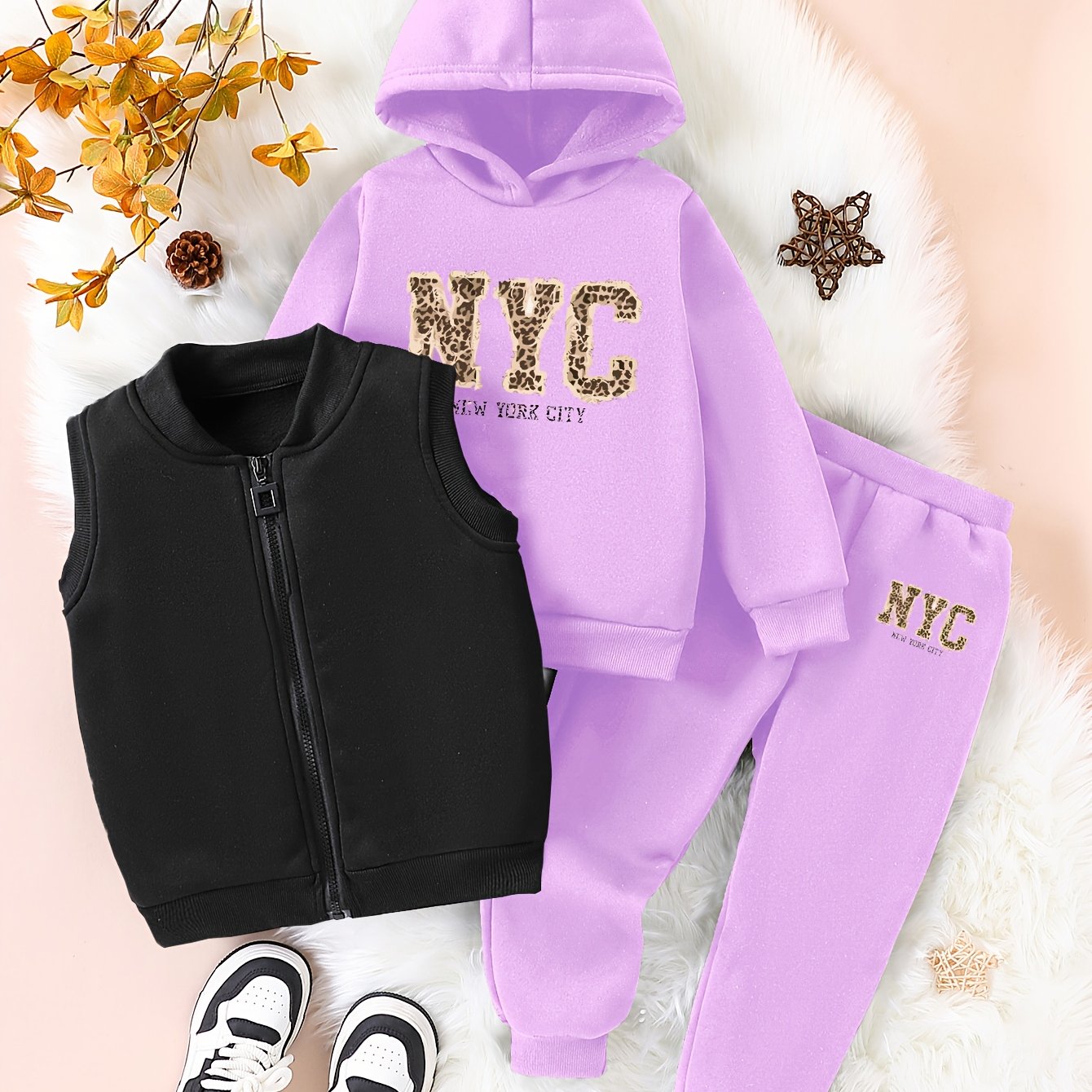3pcs Girls' NYC Glitter Lettering & Golden Trim Winter Warmth Full-Zip Hooded Sweater & Wide-Leg Pants Set with Faux Fur Hood - Thickened Outerwear for Fall/Winter, Machine Washable - Pink & Black Lettering, White Lettering & MAEJORKEN