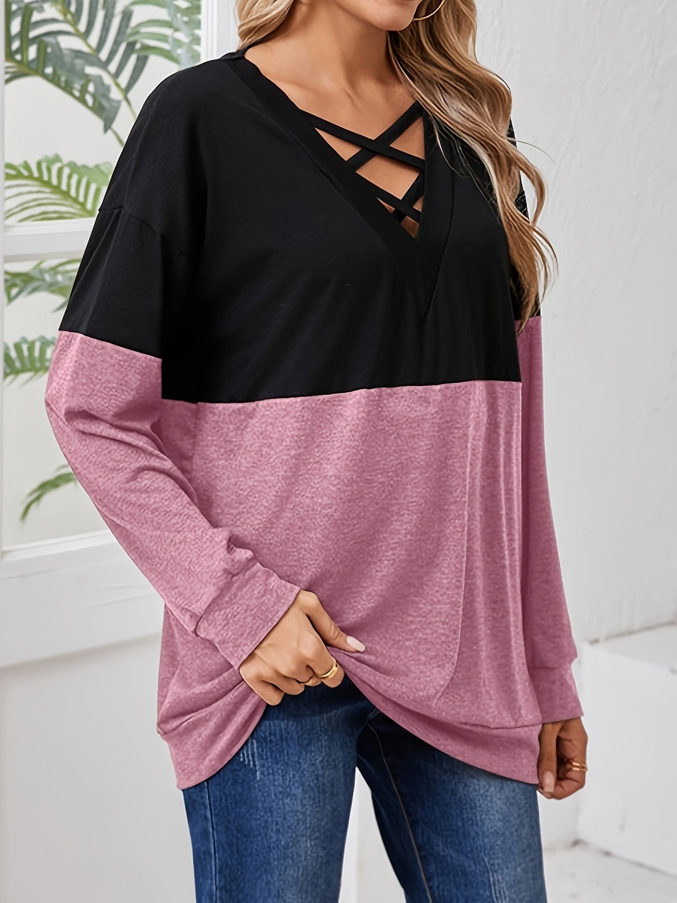 T-shirt décontracté à manches longues col en V du XL au 4XL MAEJORKEN