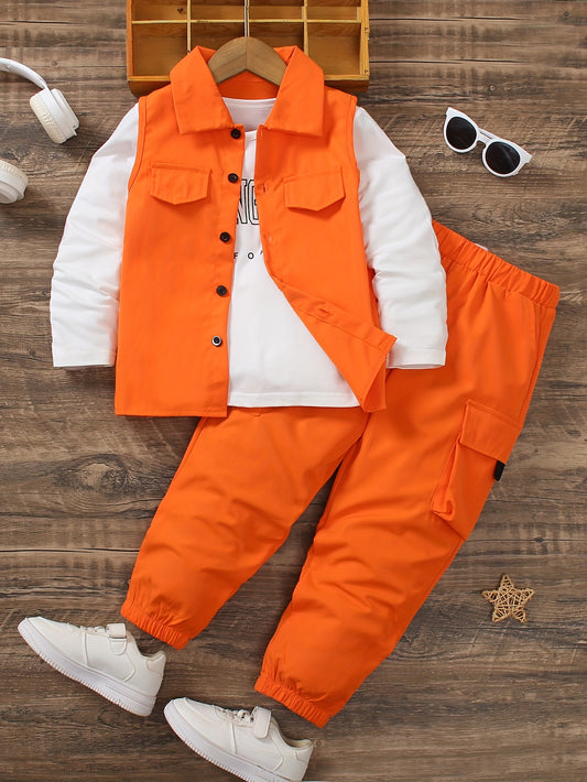 Ensemble 3 pièces gilet décontracté avec fausses poches t-shirt à manches longues et pantalon cargo avec poches latéral du 4 au 12 ans