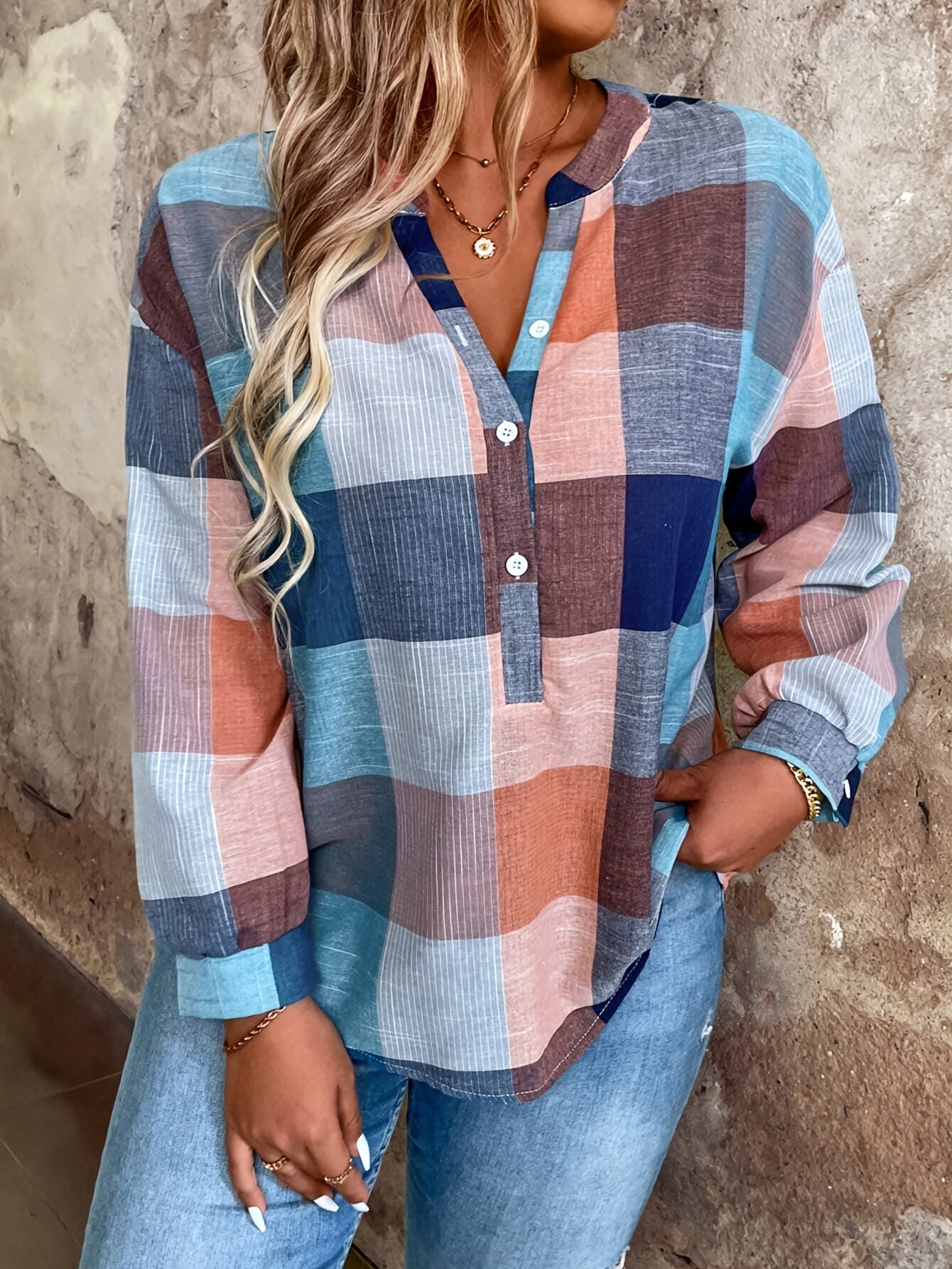 Women's Elegant Plaid Shirt - Multicolor Checkered Blouse (Pink/Blue/Beige/Turquoise) | Short Sleeve Button-Up Collar, Wrinkle-Resistant Casual & Office Wear | Spring/Fall Layering Top | Machine Washable Non-Stretch Shirt MAEJORKEN