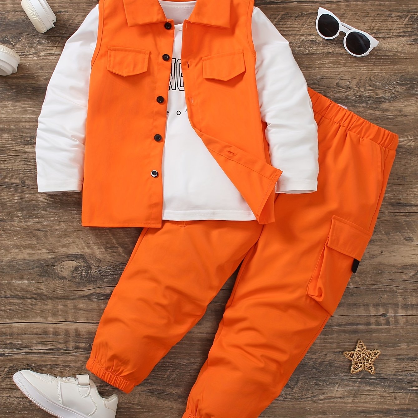 Ensemble 3 pièces gilet décontracté avec fausses poches t-shirt à manches longues et pantalon cargo avec poches latéral du 4 au 12 ans