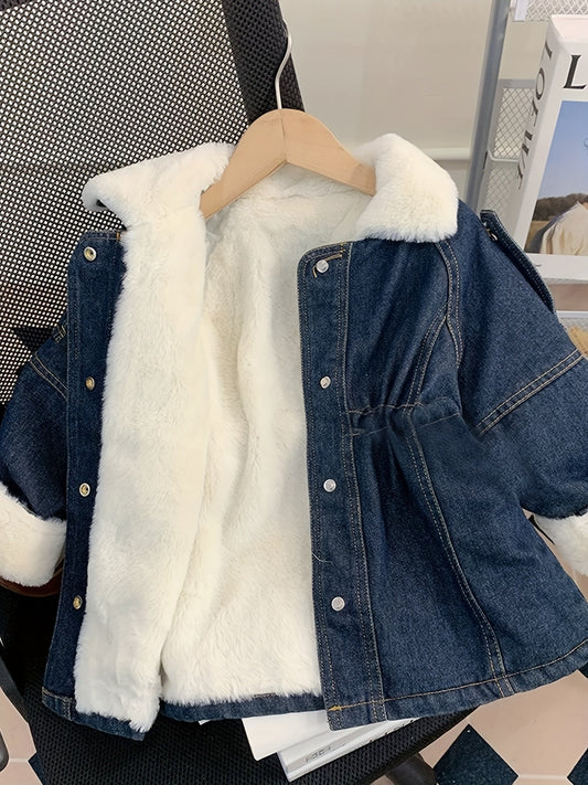 Girls' Winter Coat with Plush Faux Fur Lining - Thickened Mid-Length Casual Long Sleeve Coat for Toddlers & Kids, Solid Color Button-Up Front, Cozy Fall/Winter Outerwear, Cozy Fall Wear, Classic Buttonup Coat, Soft Texture Co MAEJORKEN