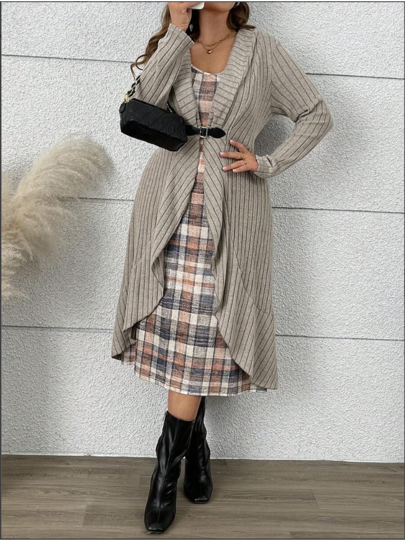 Ensemble deux pièces veste à manches longues et robe à carreaux grande taille du XL au 5XL