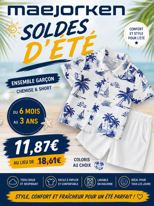 Ensemble Nautique Bleu et Blanc pour Garçons : Chemise Blanche avec Imprimé Cocotier Bleu, Chemise à Manches Courtes Motif Voilier, Shorts Blanc Pur du 6 mois au 3 ans MAEJORKEN