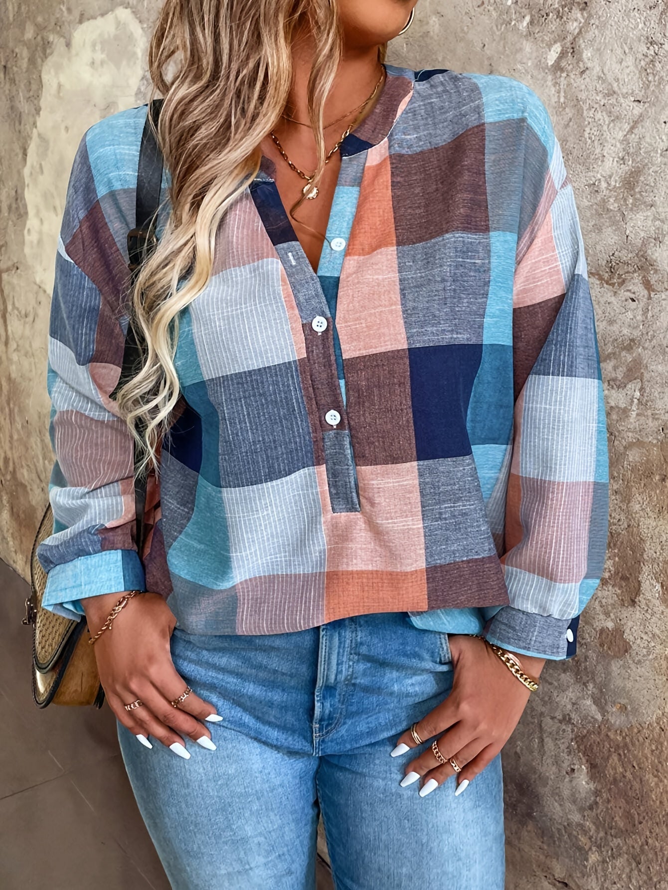 Women's Elegant Plaid Shirt - Multicolor Checkered Blouse (Pink/Blue/Beige/Turquoise) | Short Sleeve Button-Up Collar, Wrinkle-Resistant Casual & Office Wear | Spring/Fall Layering Top | Machine Washable Non-Stretch Shirt MAEJORKEN