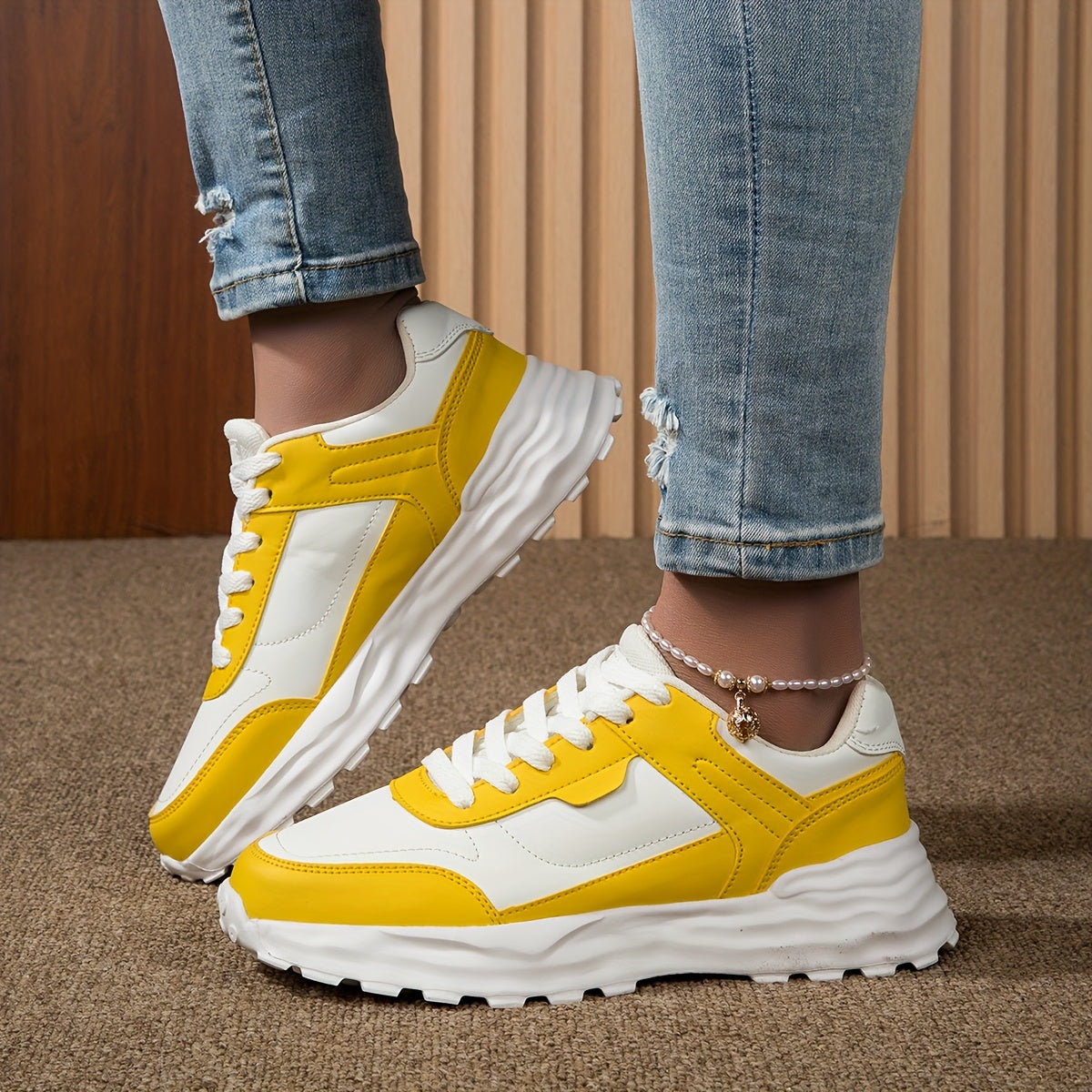 Women'S Casual Sneakers - Stylish Low-Top Lace-Up Shoes with Vibrant Neon Green & White Color Block Design, Breathable Fabric Lining, EVA Cushioned Sole for All-Season Outdoor Commuting & Casual Attire, Ladies Sneakers, Comfo MAEJORKEN