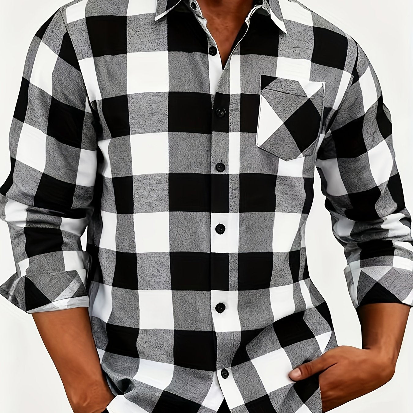 Men's Black & White Plaid Long Sleeve Shirt with Lapel Collar & Chest Pocket - Classic Checkered Button- Button-Front Coat Jacket-like Blazer for Autumn/Winter, Casual & Formal Events (Machine Washable) MAEJORKEN