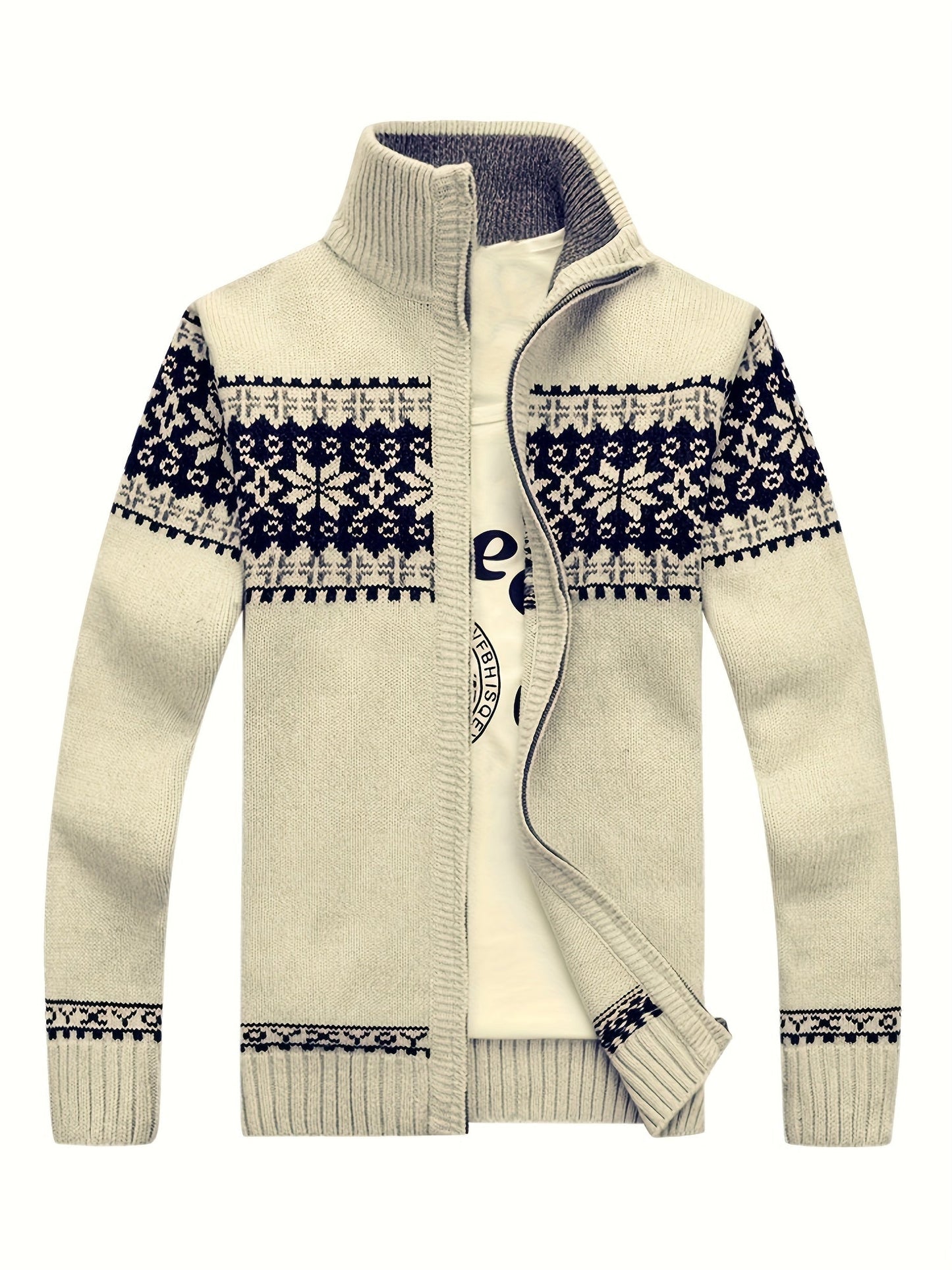 Men'S Casual Winter Knit Cardigan - Black with Intricate White Snowflake Pattern, Stand Collar, Long Sleeve, Zipper Closure, Perfect for Fall & Winter, Everyday Comfort|Stylish Winter Wear|Zippered Cardigan, Thick MAEJORKEN