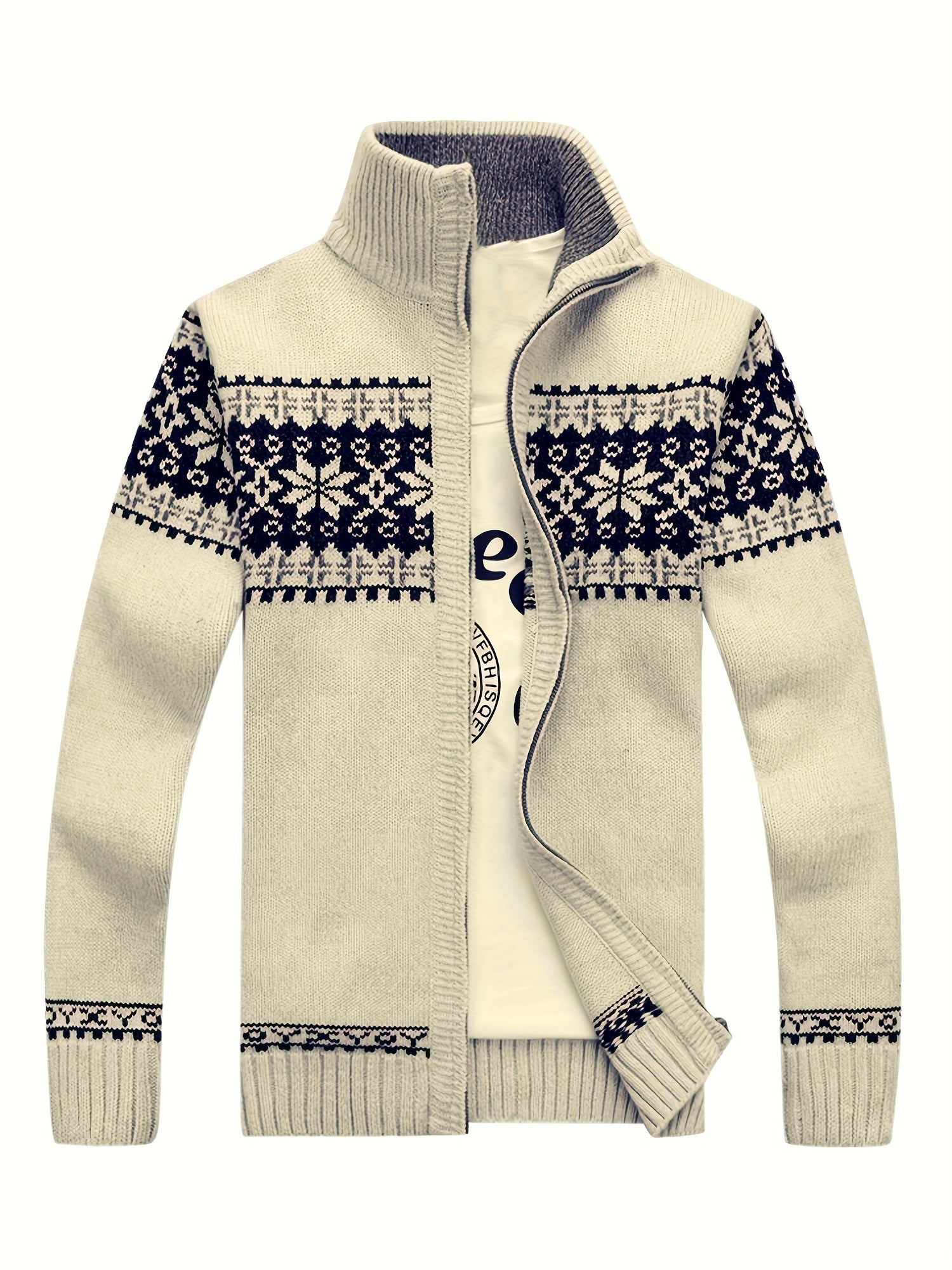 Men'S Casual Winter Knit Cardigan - Black with Intricate White Snowflake Pattern, Stand Collar, Long Sleeve, Zipper Closure, Perfect for Fall & Winter, Everyday Comfort|Stylish Winter Wear|Zippered Cardigan, Thick MAEJORKEN