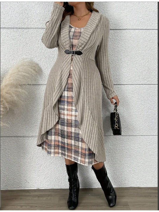 Ensemble deux pièces veste à manches longues et robe à carreaux grande taille du XL au 5XL