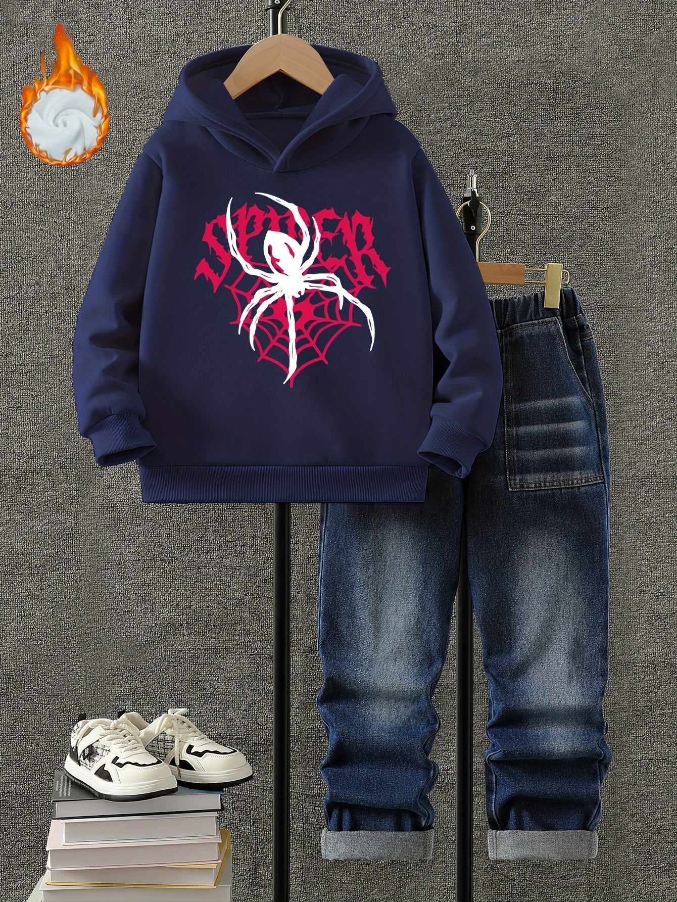 Boys' Autumn and Winter Fleece Set, Hoodie + Jeans Combo with Spider Print and "SPIDER" Design, Thickened Fleece, Suitable for Autumn and Winter Seasons, Trendy Street Style, Comfortable Warm and Cool, Perfect for Daily Wear, MAEJORKEN