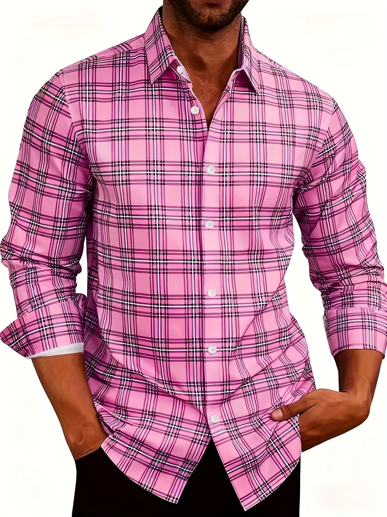 Men'S Pink & Plaid Checkered Long Sleeve Shirt - 3D Digital Print, Button-Up Collar, Single-Breasted, Regular Fit Casual & Formal Wear for Fall/Winter, Perfect For Parties & Casual Outings, Party Attire, Classic Collar, Styli MAEJORKEN