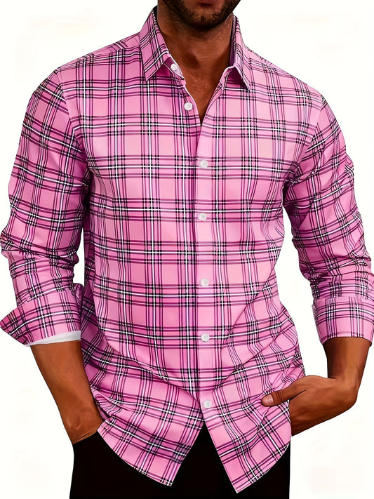 Men'S Pink & Plaid Checkered Long Sleeve Shirt - 3D Digital Print, Button-Up Collar, Single-Breasted, Regular Fit Casual & Formal Wear for Fall/Winter, Perfect For Parties & Casual Outings, Party Attire, Classic Collar, Styli MAEJORKEN