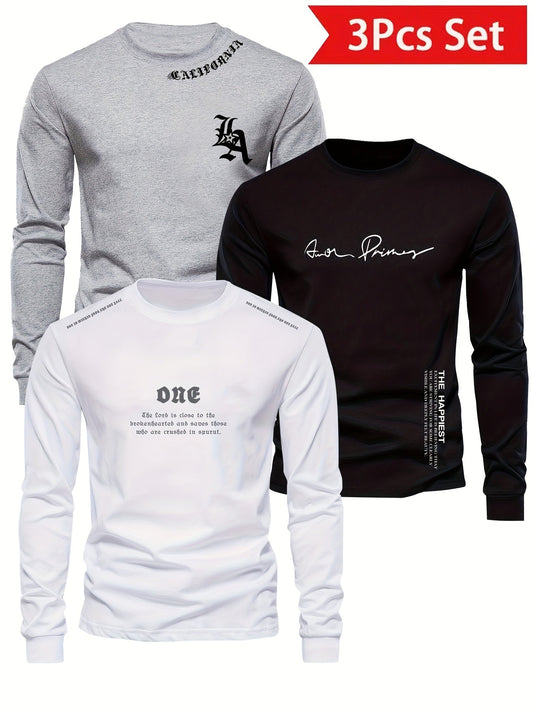 Boys' Youth ODE English Letter Print Casual Long Sleeve T-Shirt, Round Neck Comfortable Knit Pullover for Autumn and Winter, 3pcs Set, Machine Washable, Perfect for Outdoor Wear, Perfect for Outdoor, For Teenager, Teenager Lo MAEJORKEN