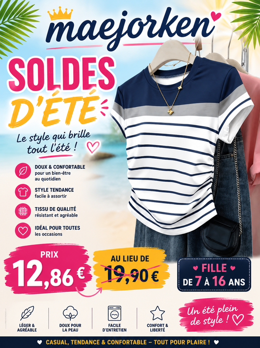 T-shirt rayé pour filles, printemps et été, coupe slim, col rond du 7 au 16 ans MAEJORKEN