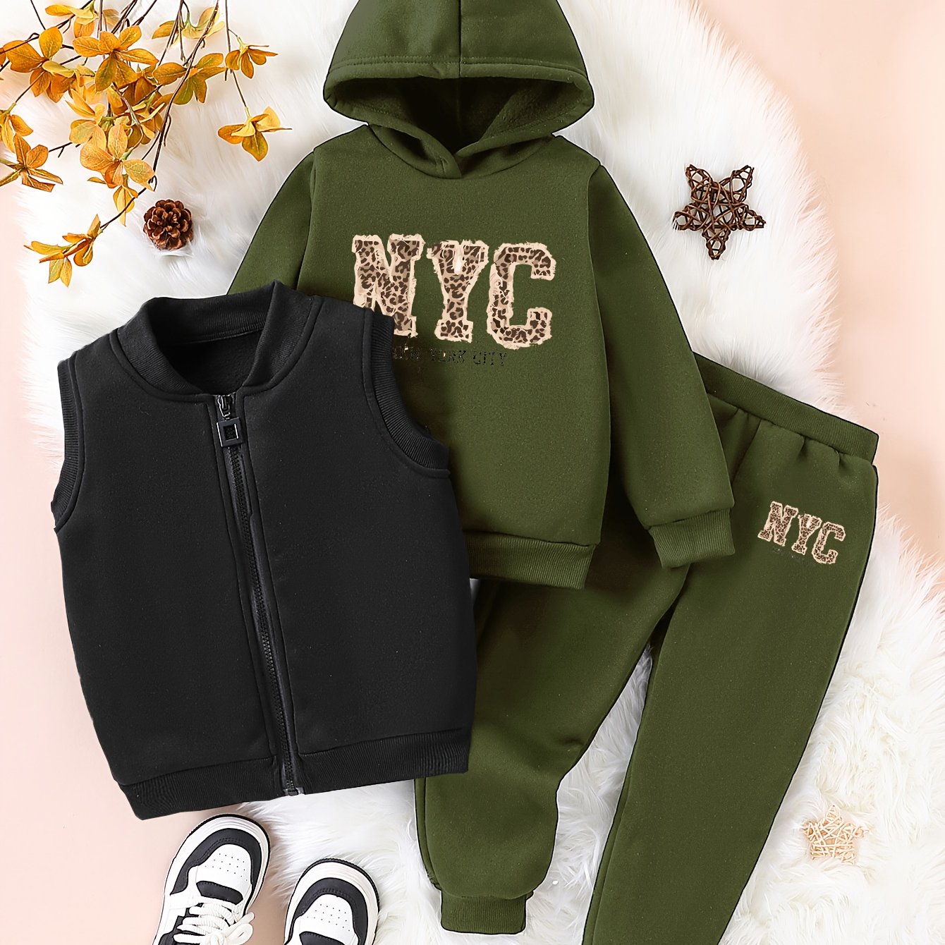 3pcs Girls' NYC Glitter Lettering & Golden Trim Winter Warmth Full-Zip Hooded Sweater & Wide-Leg Pants Set with Faux Fur Hood - Thickened Outerwear for Fall/Winter, Machine Washable - Pink & Black Lettering, White Lettering & MAEJORKEN