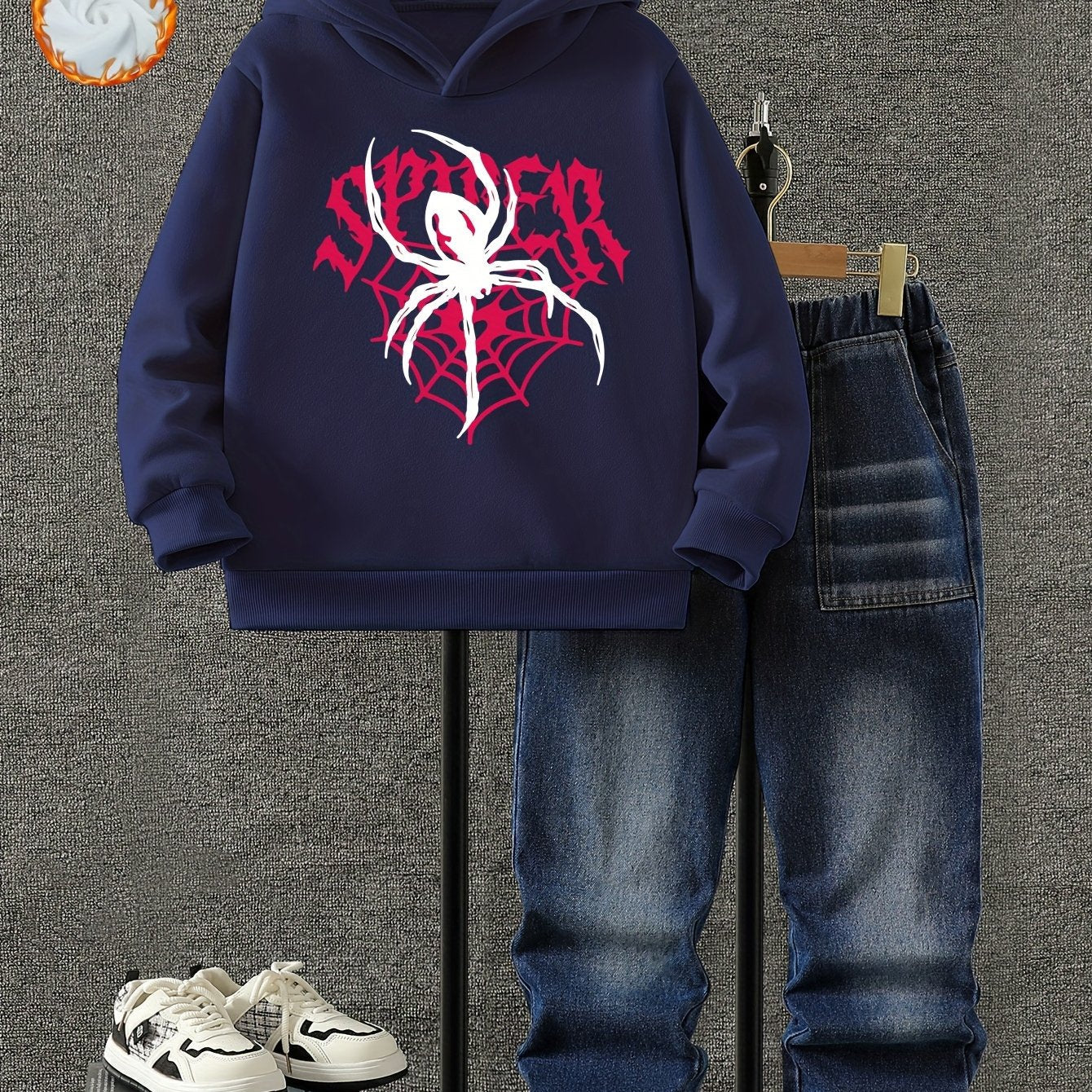 Boys' Autumn and Winter Fleece Set, Hoodie + Jeans Combo with Spider Print and "SPIDER" Design, Thickened Fleece, Suitable for Autumn and Winter Seasons, Trendy Street Style, Comfortable Warm and Cool, Perfect for Daily Wear, MAEJORKEN