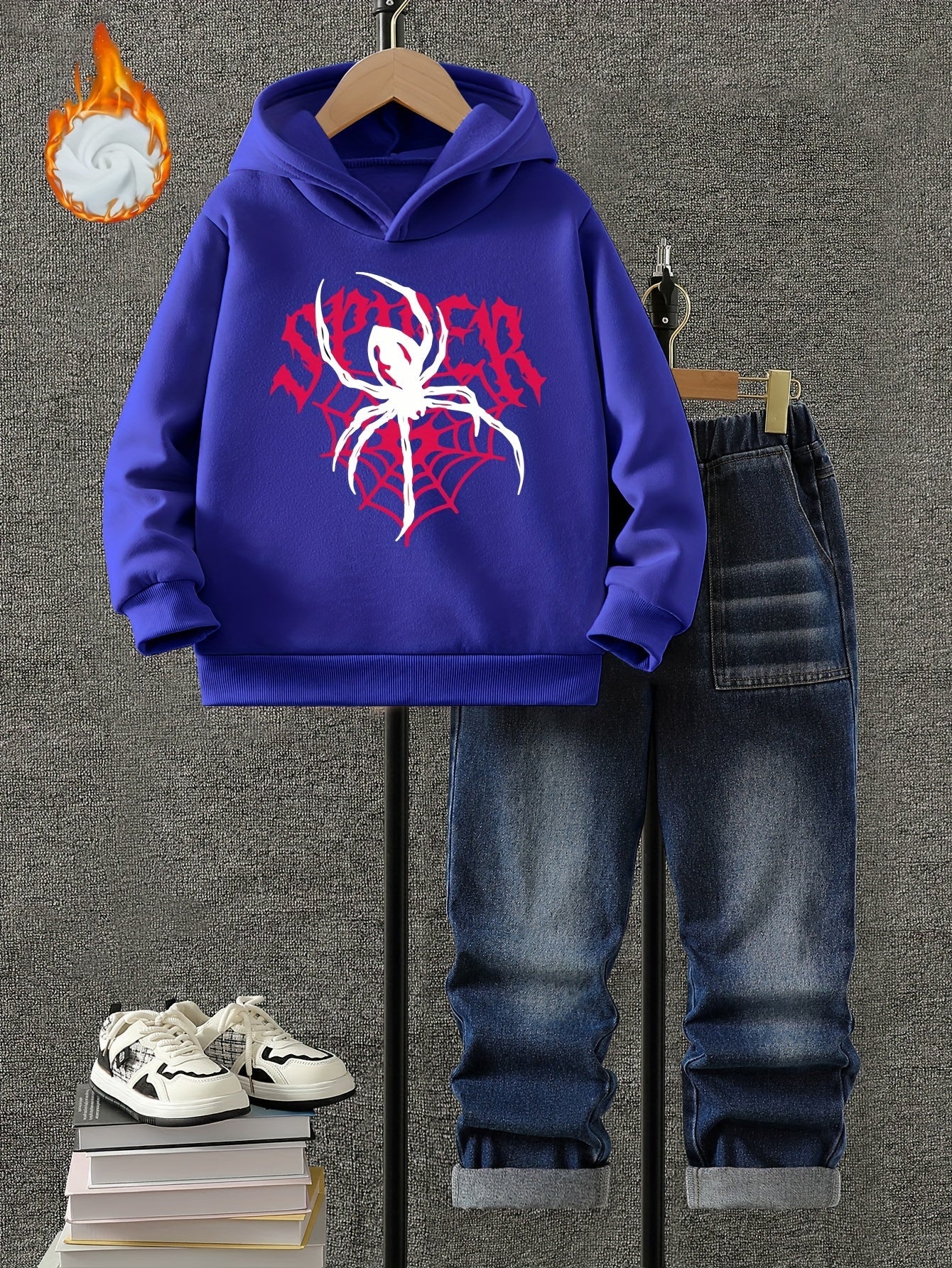 Boys' Autumn and Winter Fleece Set, Hoodie + Jeans Combo with Spider Print and "SPIDER" Design, Thickened Fleece, Suitable for Autumn and Winter Seasons, Trendy Street Style, Comfortable Warm and Cool, Perfect for Daily Wear, MAEJORKEN