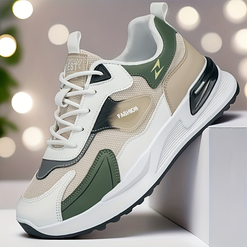 Men's Trendy Chunky Sneakers - Breathable Mesh Dad Shoes with Cushioned Insole, All-Season Wear, Green & Beige Color Scheme, Casual Sneakers for Walking, Running & Everyday Use MAEJORKEN