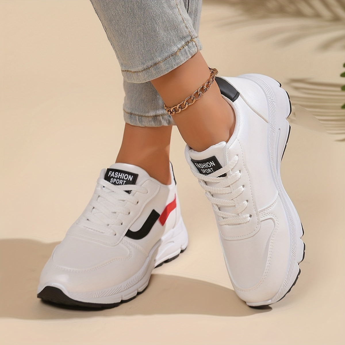 Women'S White & Red Accent Sneakers - Lace-Up Low-Top Shoes with Cushioned Rubber Sole, Synthetic Cover Upper - All-Season Gym, Everyday & Formal Shoes for Women - Non-Slip Grip & Easy-Clean Design, Ladies Sneakers, Gym Footw MAEJORKEN