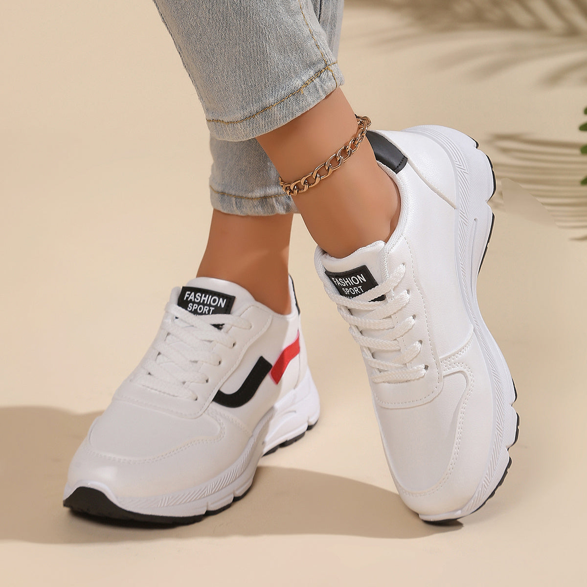 Women'S White & Red Accent Sneakers - Lace-Up Low-Top Shoes with Cushioned Rubber Sole, Synthetic Cover Upper - All-Season Gym, Everyday & Formal Shoes for Women - Non-Slip Grip & Easy-Clean Design, Ladies Sneakers, Gym Footw MAEJORKEN