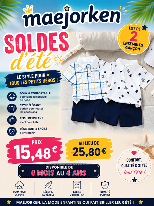 Lot de 2 Ensembles d'été pour enfant de style décontracté 4 pièces : Chemise à manches courtes à ouverture semi-ouverte avec revers et imprimé intégral + Short uni, parfait pour l'extérieur du 6 mois au 3 ans MAEJORKEN