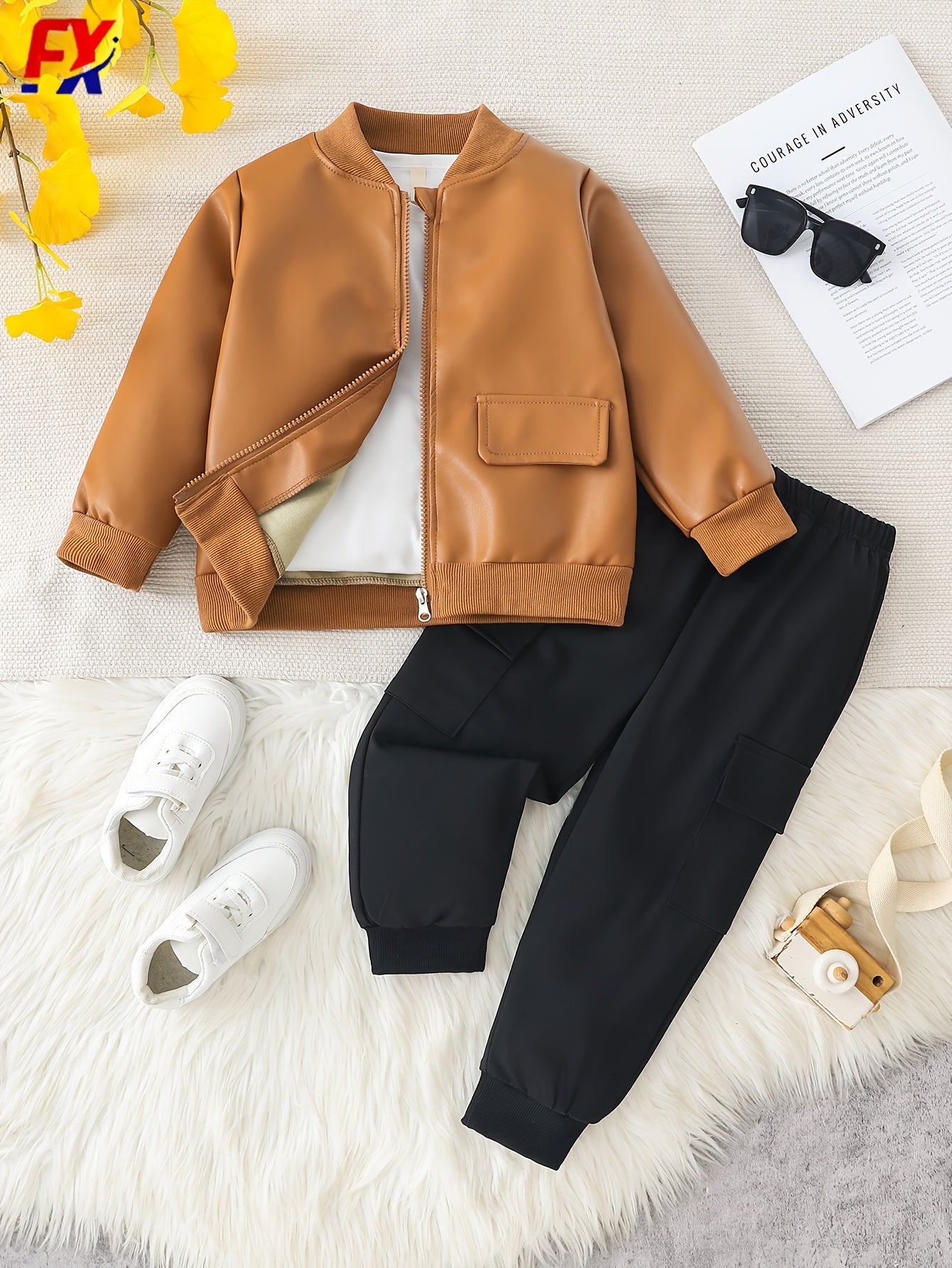 New Trendy Outfit for Boys: Brown Leather Jacket Paired with Black Cargo Pants. Simple Yet Stylish, The Leather Jacket Has a Quality Feel While The Cargo Pants Are Cool And Trendy. The Color Combination Is Harmonious And Fash MAEJORKEN