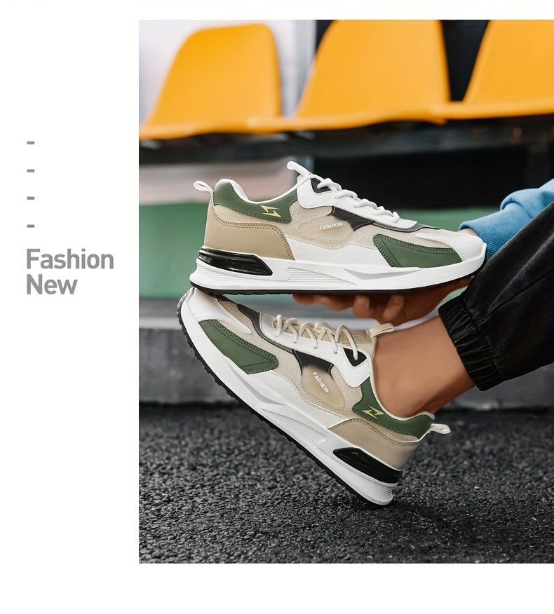 Men's Trendy Chunky Sneakers - Breathable Mesh Dad Shoes with Cushioned Insole, All-Season Wear, Green & Beige Color Scheme, Casual Sneakers for Walking, Running & Everyday Use MAEJORKEN