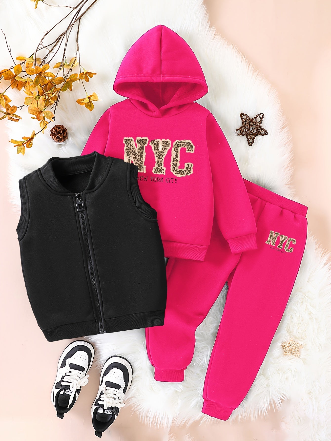 3pcs Girls' NYC Glitter Lettering & Golden Trim Winter Warmth Full-Zip Hooded Sweater & Wide-Leg Pants Set with Faux Fur Hood - Thickened Outerwear for Fall/Winter, Machine Washable - Pink & Black Lettering, White Lettering & MAEJORKEN