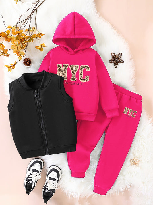 3pcs Girls' NYC Glitter Lettering & Golden Trim Winter Warmth Full-Zip Hooded Sweater & Wide-Leg Pants Set with Faux Fur Hood - Thickened Outerwear for Fall/Winter, Machine Washable - Pink & Black Lettering, White Lettering & MAEJORKEN