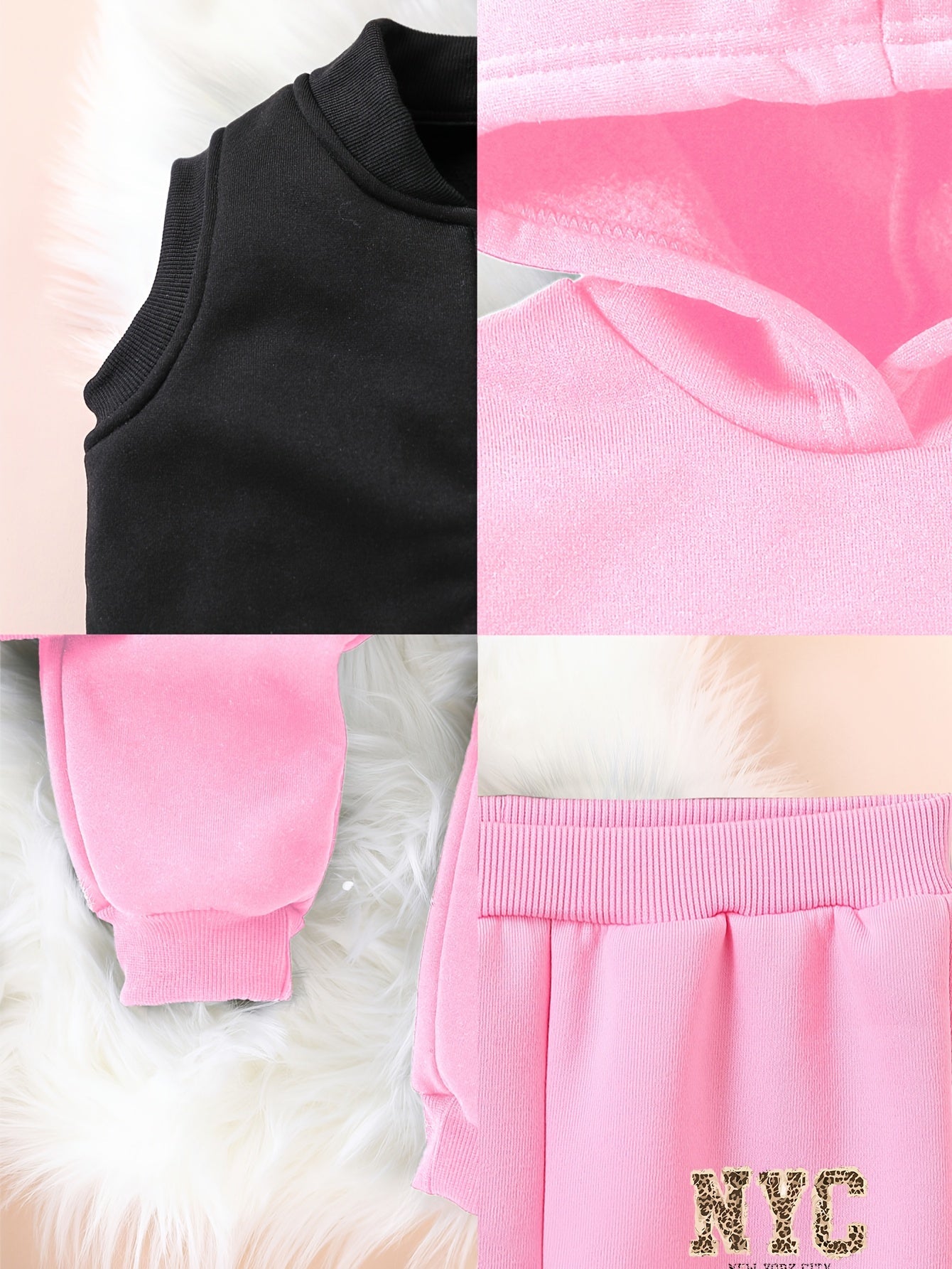 3pcs Girls' NYC Glitter Lettering & Golden Trim Winter Warmth Full-Zip Hooded Sweater & Wide-Leg Pants Set with Faux Fur Hood - Thickened Outerwear for Fall/Winter, Machine Washable - Pink & Black Lettering, White Lettering & MAEJORKEN