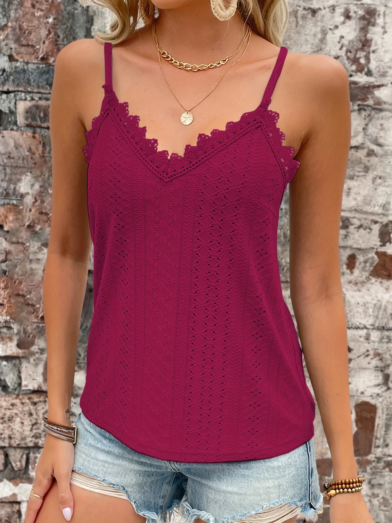 Haut en dentelle contrastée à œillets du S au 2XL