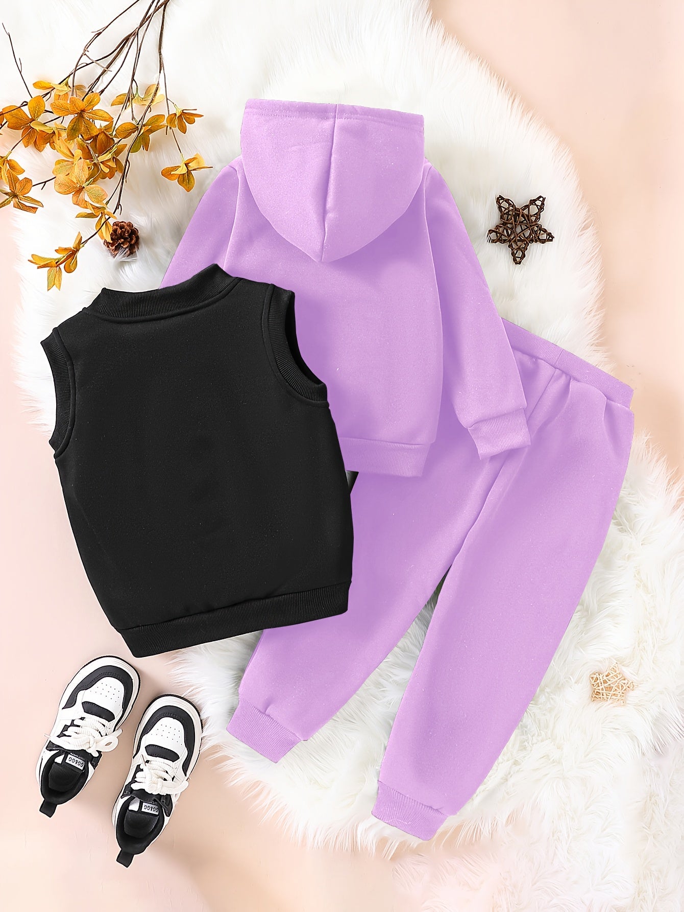 3pcs Girls' NYC Glitter Lettering & Golden Trim Winter Warmth Full-Zip Hooded Sweater & Wide-Leg Pants Set with Faux Fur Hood - Thickened Outerwear for Fall/Winter, Machine Washable - Pink & Black Lettering, White Lettering & MAEJORKEN