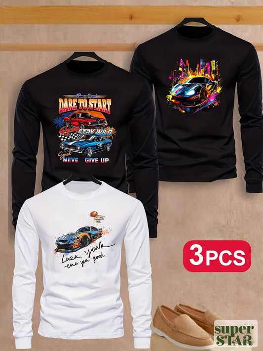 3pcs Boys' Casual Long Sleeve T-Shirts - Vibrant Sports Car Print, "Dare to Start" & "Never Give Up" Inspirational Messages, High-Elasticity Fabric, Crew Neck, Fall Fashion, Motocross Jersey, For Teenager MAEJORKEN