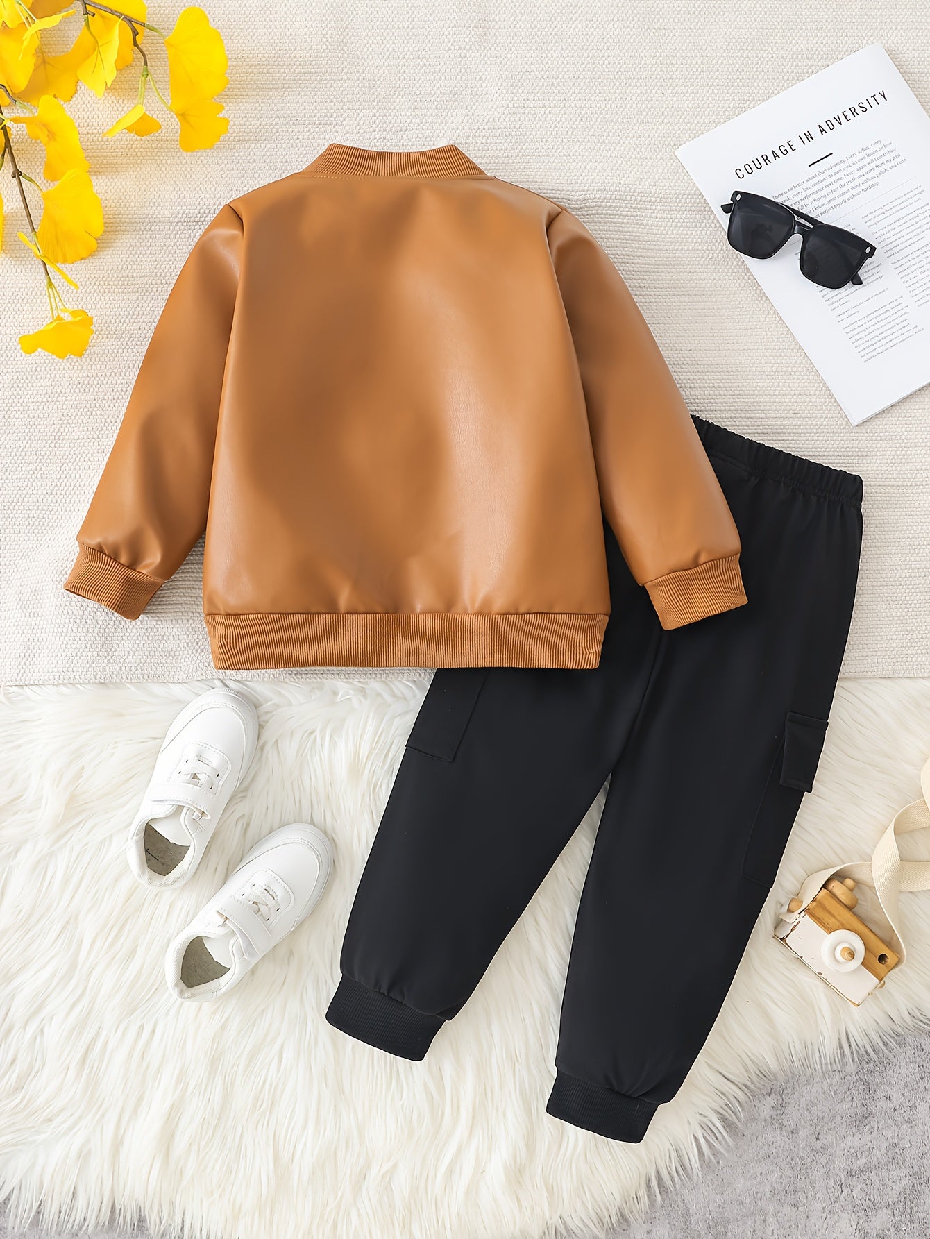 New Trendy Outfit for Boys: Brown Leather Jacket Paired with Black Cargo Pants. Simple Yet Stylish, The Leather Jacket Has a Quality Feel While The Cargo Pants Are Cool And Trendy. The Color Combination Is Harmonious And Fash MAEJORKEN