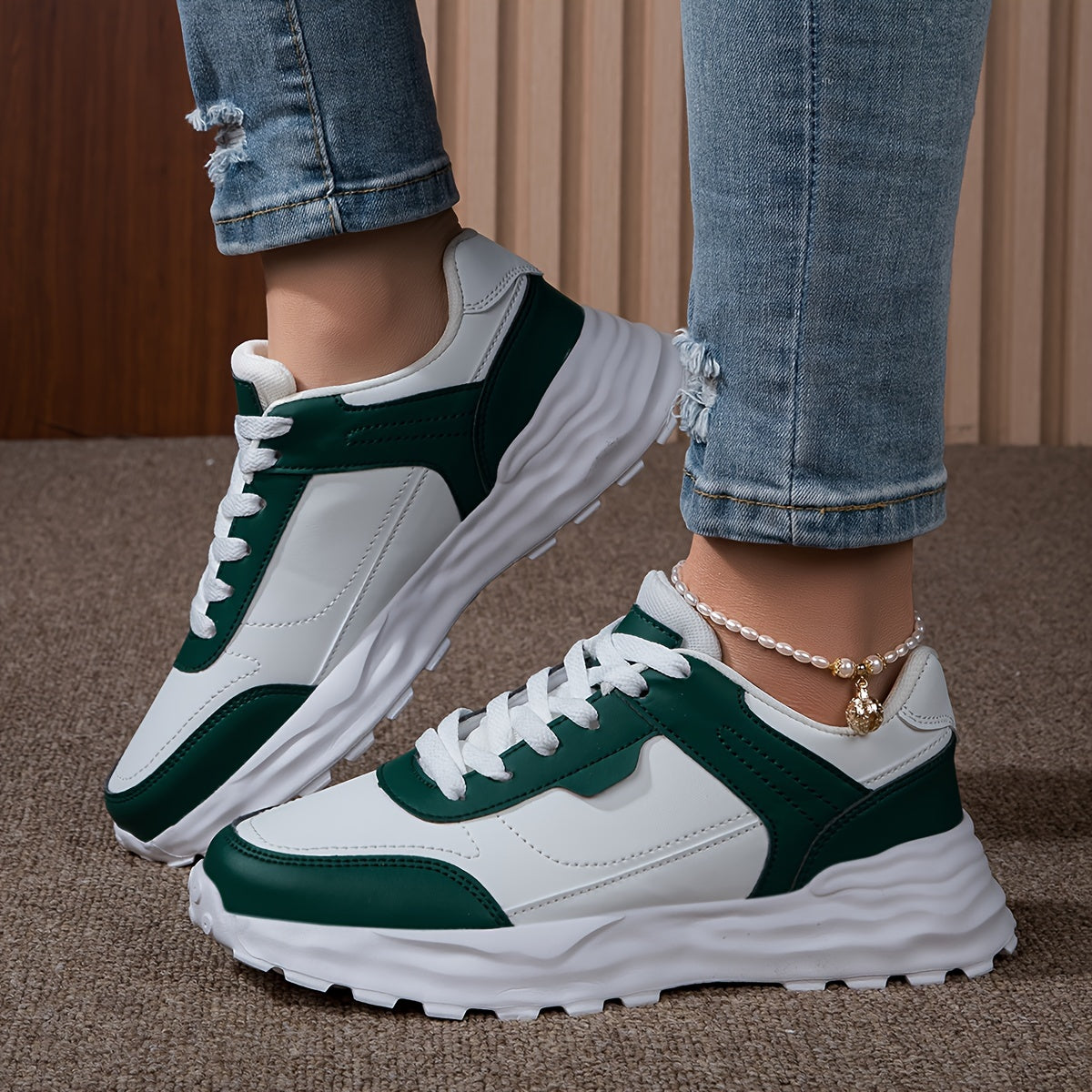 Women'S Casual Sneakers - Stylish Low-Top Lace-Up Shoes with Vibrant Neon Green & White Color Block Design, Breathable Fabric Lining, EVA Cushioned Sole for All-Season Outdoor Commuting & Casual Attire, Ladies Sneakers, Comfo MAEJORKEN