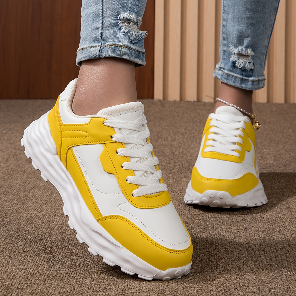 Women'S Casual Sneakers - Stylish Low-Top Lace-Up Shoes with Vibrant Neon Green & White Color Block Design, Breathable Fabric Lining, EVA Cushioned Sole for All-Season Outdoor Commuting & Casual Attire, Ladies Sneakers, Comfo MAEJORKEN